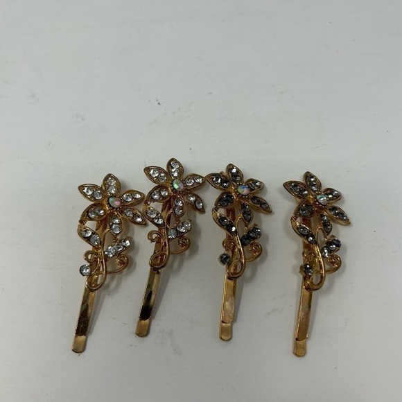 Set of 4 Floral Rhinestone Hair Bobby Pins Leaves Aurora Borealis Sparkle Beads - Picture 5 of 7